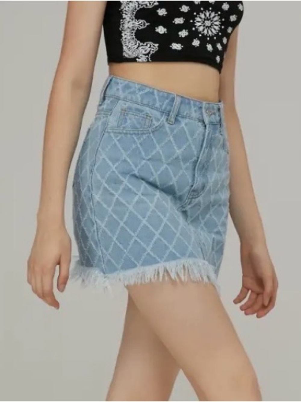 Cider Light Wash Diamond Pattern Denim Mini Skirt with Fringe Size XL
